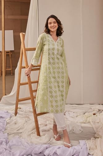 W for Woman Women's Cotton Floral Regular Kurta (24FEW10491-123114_Light Green