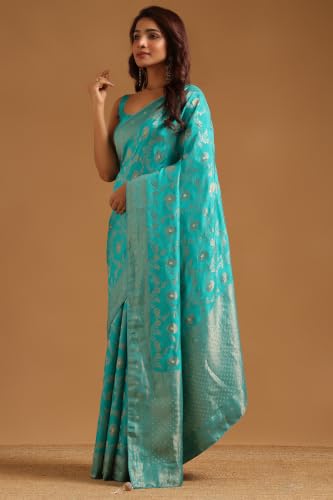 Soch Womens Turquoise Blue Crepe Botanical Zari Woven Saree