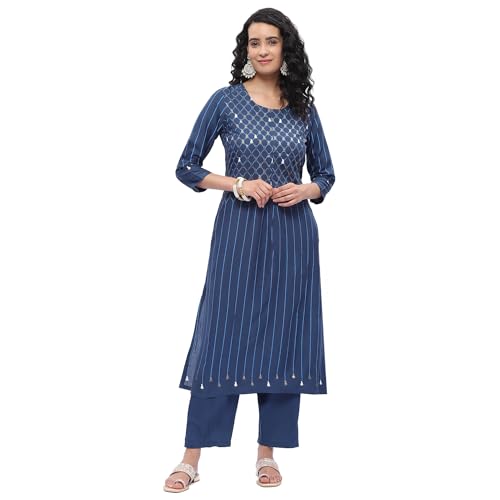 BIBA Women's Polycotton Kurta Suit Set (SKD7437ESS23BLU_Blue_XL)