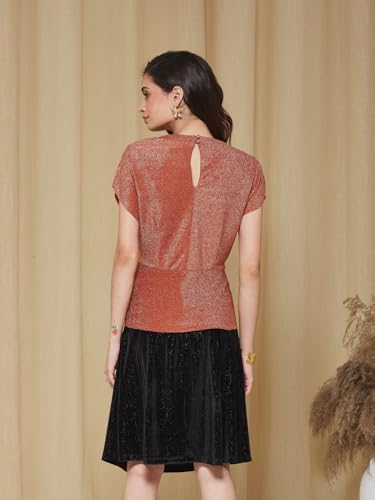 Latin Quarters Women's Peach V-Neck Cap Sleeves Solid Party Top_M
