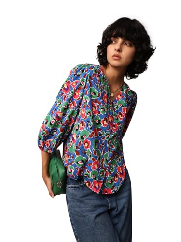 ONLY Women Floral Print Polyester Blend Blue Casual Top