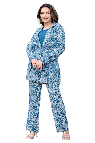 Daevish Tog New Printed Rayon 3 Piece Co Ord Set for Women | Top Pant With Blazer | Crop Top With Blazer Co Ord Sky Blue