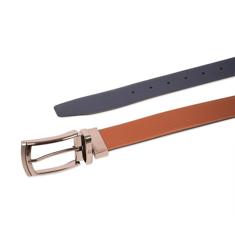 UNITED COLORS OF BENETTON Men Leather Reversible Belt - Tan+Navy, Xl 1.10M | Semi Formal Wearability | Pin Closure | 42-44 Waist Size | Solid Pattern