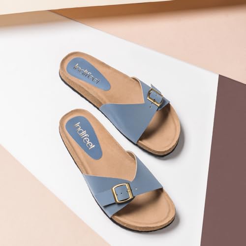 Indifeet Cork Sandal for Women Stylish Buckle Sandals Footwear Ladies Light Slippers Flats Women’s Double Strap Casual Corks Flat Womens Adjustable Slides Girls Daily Use Water Resistance Chappal Blue
