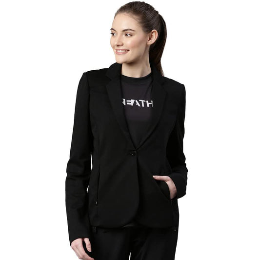 Enamor Athleisure Slim Fit Single Breasted One Button Sporty Blazer for Women with 2 Side Zipper Pockets - A903 | Quick Dry & Antimicrobial Finish Blazer (A903_Jet Black_S)