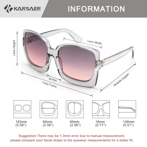 Karsaer Oversized Retro Square Round Women Non-Polarized Sunglasses Large Frame Vintage Women Shades K7075, Pink