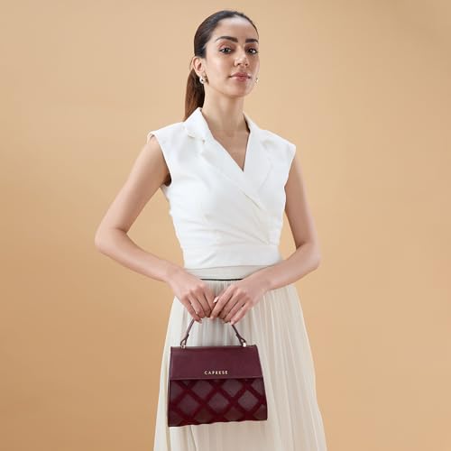 Caprese Athena Small Chenille Embroidery Faux Leather Satchel for Women | Elegant Multi-Compartment Shoulder Handbag with Adjustable & Detachable Strap | Premium Magnetic Button Closure (Cherry)
