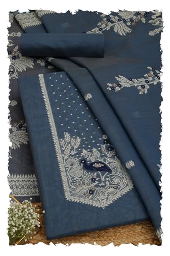 Soch Womens Blue Chanderi Woven Design Unstitched Dress Material With Beads