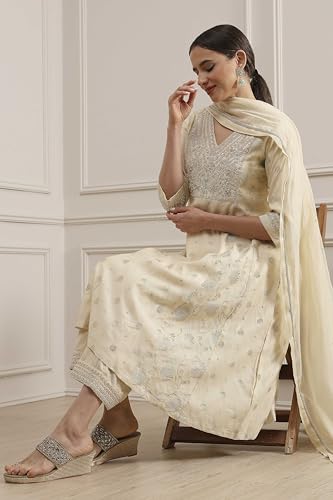 Biba Women's Natural White Silk Straight Yarndyed Suit Set