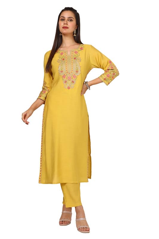 Soch Womens Mustard Viscose Blend Embroidered Kurta Set With Sequins