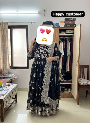 styledaura Embroidered Anarkali Gown with Dupatta and Pant | Floral Georgette Silk Fully Stitched Ethnic Suit for Women | Ethnic Wear Designer Anarkali Dress Set (Size-L, Black)