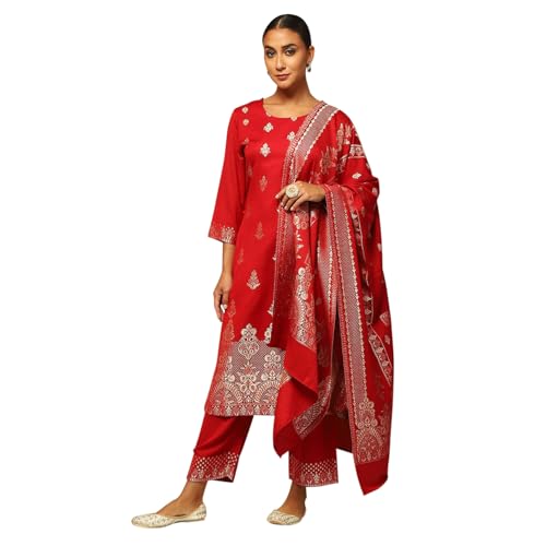 Rangriti Women Red Acrylic Straight Yarn Dyed Kurta Palazzo Suit Set_46