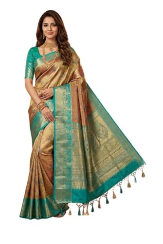 VFCollections Women's Traditional Handloom Kanchipuram Silk Pure Pattu Sarees | Rich Zari Woven Design | Bridal Saree | Unstitched Blouse (VFC721-6)