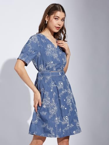Latin Quarters Women Blue V-Neck Half Sleeve Printed A-Line Dress_L