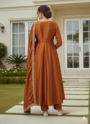 LookMark Women’s Orange Silk Blend Embroidered Anarkali Kurta with Dupatta | Full Length Ethnic Dress | Long Sleeves-AZ-LM-OG1-KS2514 Orange-L