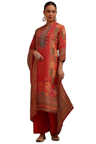 Soch Womens Fuchsia Shimmer Ethnic Motifs Suit Set With Stone Work