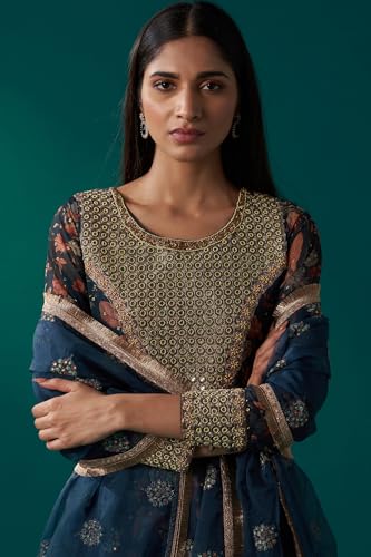 Wishful Women's Teal Floral Printed Metallic Embroidery Anarkali Kurta with Parallel Pants and Dupatta Set (SP12625-125648-M)