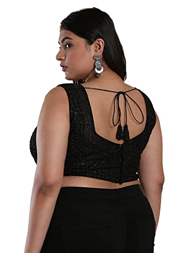 S SALWAR STUDIO Women's Black Silk Blend Readymade Saree Blouse-PLSSB00045-BLCK