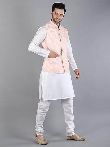 Modern Garments Men's Silk Blend Kurta Pajama with Ethnic Nehru Jacket/Modi Jacket (38, White & Light Pink)