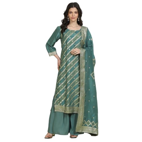 Biba Women's Teal Art Silk Woven Unstitched Suit Set