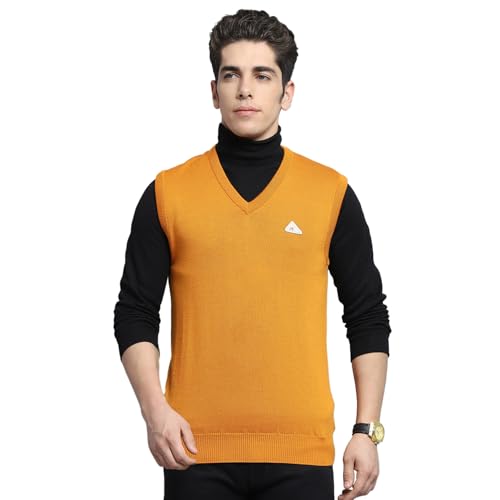 Monte Carlo Men's Wool Sleeveless Sweater | V-Neck | Regular Fit| Solid Pattern |Warm & Stylish Pullover Cardigan for Men Gold 5XL (Pack of 1)