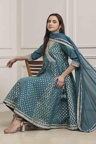 Biba Women Teal Green Poly Cotton Anarkali Suit Set_36
