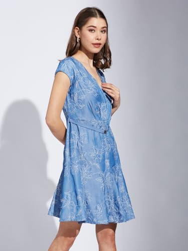 Latin Quarters Women Blue V-Neck Cap Sleeve Printed A-Line Dress_XL