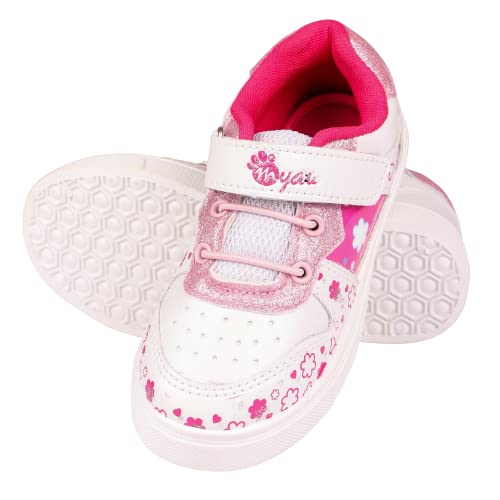 Myau Girls' White Sparkly Printed Shoes - Stylish and Comfortable Footwear for Your Little Princess (White/Pink, Numeric_6)