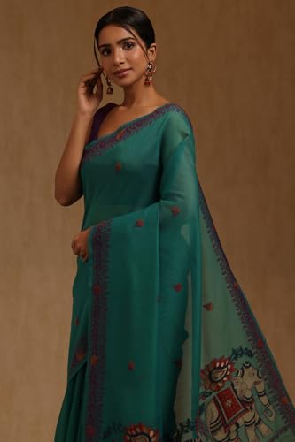 Soch Womens Teal Chanderi Woven Design Saree