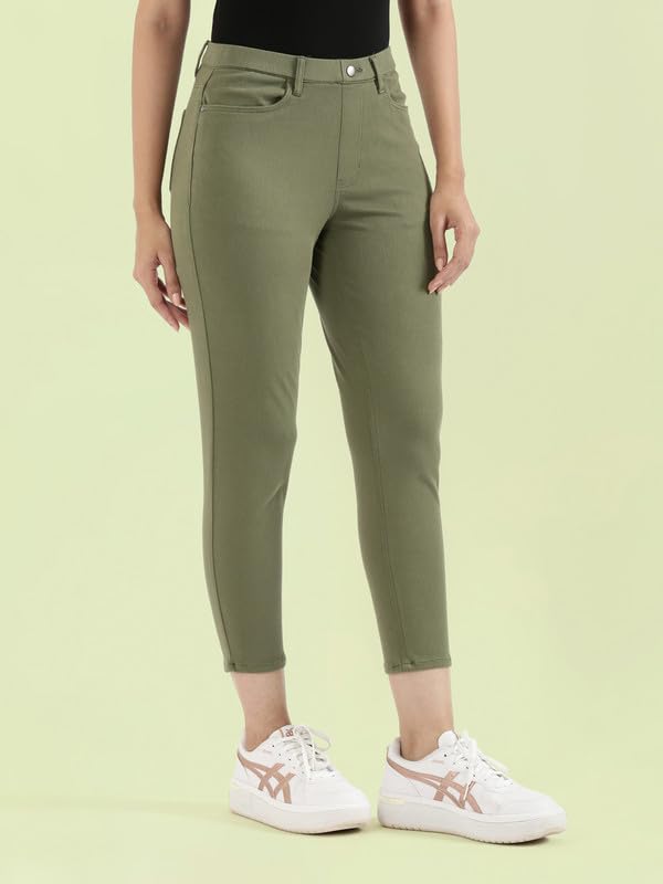 GO COLORS Soft Cotton Stretch Jeggings 7-8th Length for Women| Breathable, Mid Rise, Olive