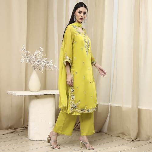 BIBA Women Lime Green Embroidered Straight Suit Set_38