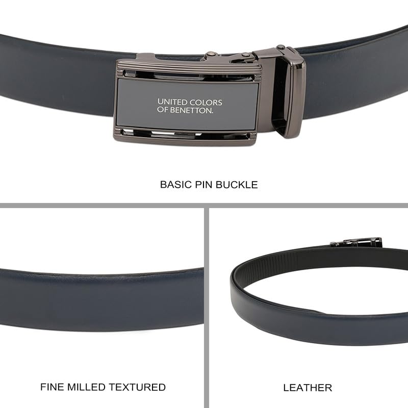 United Colors of Benetton Men's Leather Belt Stovall | Auto-Lock Formal Belt - Fine Milled Textured Navy (L - 100cm) | Ideal for Gifting