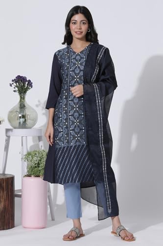 W for Woman Blue Suzani Motif Printed Kurta, Pants with Dupatta Set_23AUWS19302-312889_M