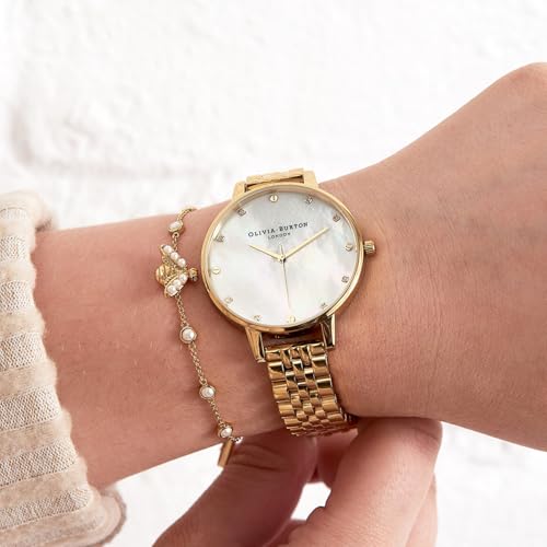 Olivia burton Classics Qtz Basic Slim White Mother of Pearl Round Dial Women's Watch|Ionic Plated Gold Steel Material|Gold Color Band - OB16SE13