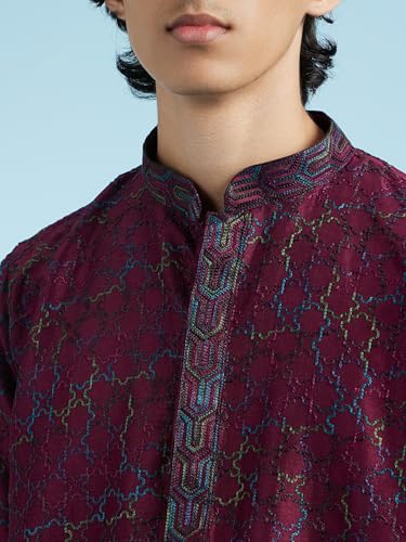 DIWAS BY MANYAVAR Men's Art Silk Self Design Festive Kurta Set (2pc) (Wine, L)