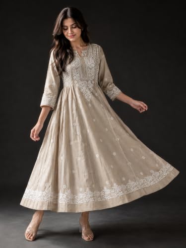 Chikankari Gown Beige Floral Embroidered Anarkali Size M
