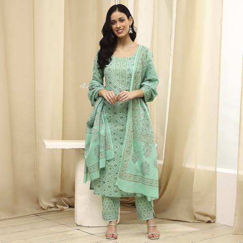 BIBA Women Green Cotton Screen Print Unstitched Suit Set_FREE SIZE