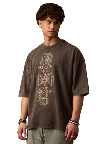 The Souled Store Nomad: Sandstorm Men and Boys Short Sleeves Round Neck Dark Brown Embroidered Tribal Casual Drop Shoulder Streetwear Trendy Super Oversized T-Shirt