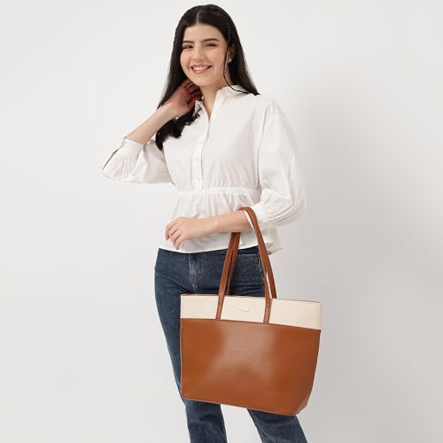 Fastrack Women Colorblocked Tote Bag | Top Zip Closure, Spacious Interior with Zip and Slip Pockets, Comfortable Shoulder Strap | Stylish Everyday Tote | Tote Bag for Casual Carry, Tan