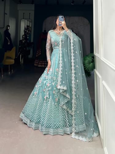 JULEE Women's Net Embroidered Semi-Stitched Gown Plus Gown Mint-GEM-01