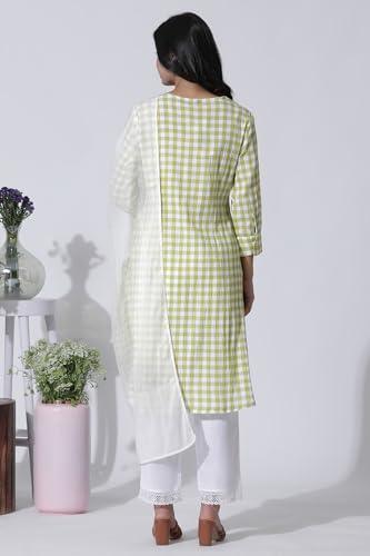 W for Woman White & Green Checker Cotton Kurta, Pants with Dupatta Set_24ONWS11009-313972_S