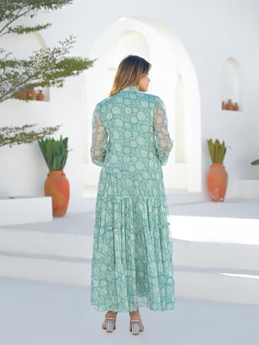 Divena Green Georgette Full Sleeves Maxi Dress