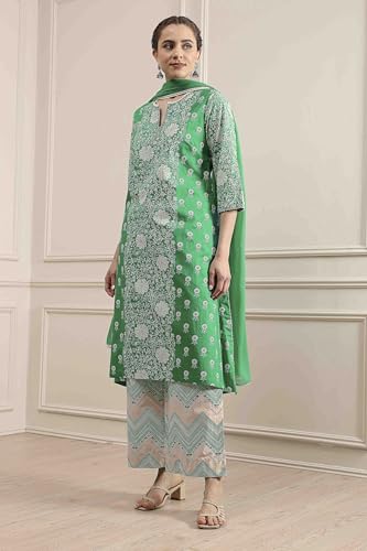 Biba Women's Green Cotton A-Line Printed Suit Set