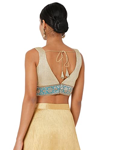 S SALWAR STUDIO Women's Gold & Blue Banarasi Self Design Readymade Saree Blouse-SSB4170-GOLD