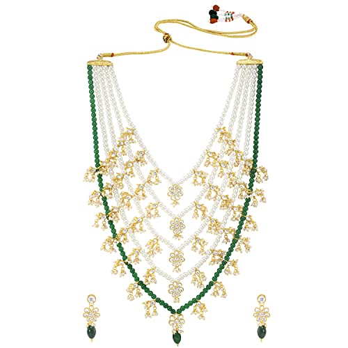 Peora Traditional Green Floral Multi Layered Long Necklace Earrings Jewellery Set For Women Girls