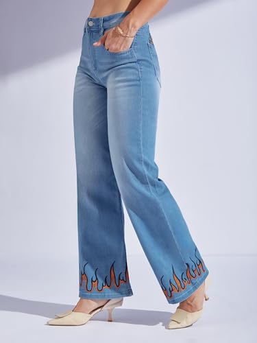 Miss Chase Women's Straight Fit Mid Rise Hand Painted Stretchable Denim Jeans (MCSS18DEN02-19-392-32, Vivid Blue, 32)