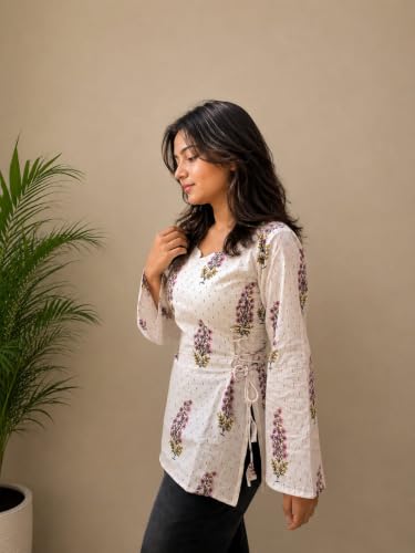 Kurvee Women Floral Print Cotton Kurti | Corset Style | Side Tie-Up Design | Straight Fit | Lightweight Breathable Fabric | Ethnic Kurta for Women | Comfortable Stylish Tunic Top | White, XL |