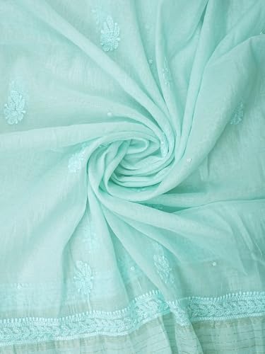 Ada Hand Embroidered Lucknowi Chikankari Unstitched Chanderi Dress Material Suit Piece with Dupatta for Women with Pearl Work 01A937473 Light Turquoise