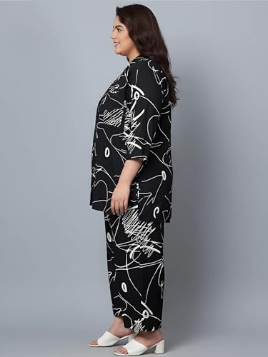 Indietoga Women Black Scribble Print Rayon Shirt and Pyjamas Nightsuit (PS50001643_Black Printed_6XL)