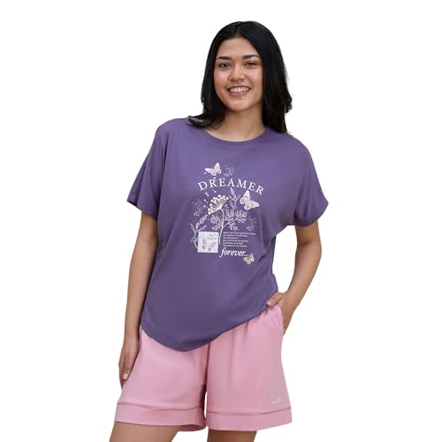 NYKD Buttery Soft Modal Cotton Graphic Tee for Women with Extended Sleeves – Comfortable Relaxed Fit, Stylish Design, Model NYS948 Purple
